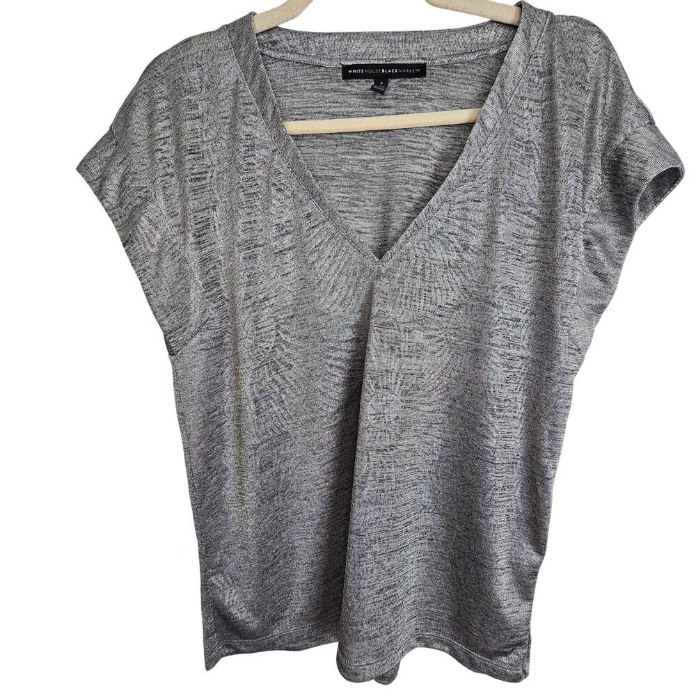 White House Black Market Womens Metallic V-Neck Tee S Stretch Minimalist Career